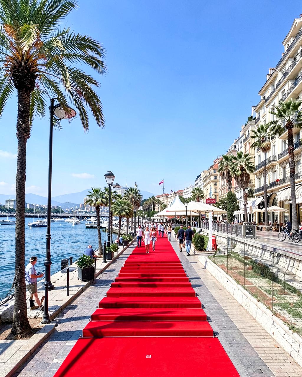 La Croisette waterfront in Cannes with palm trees and the red-carpet steps