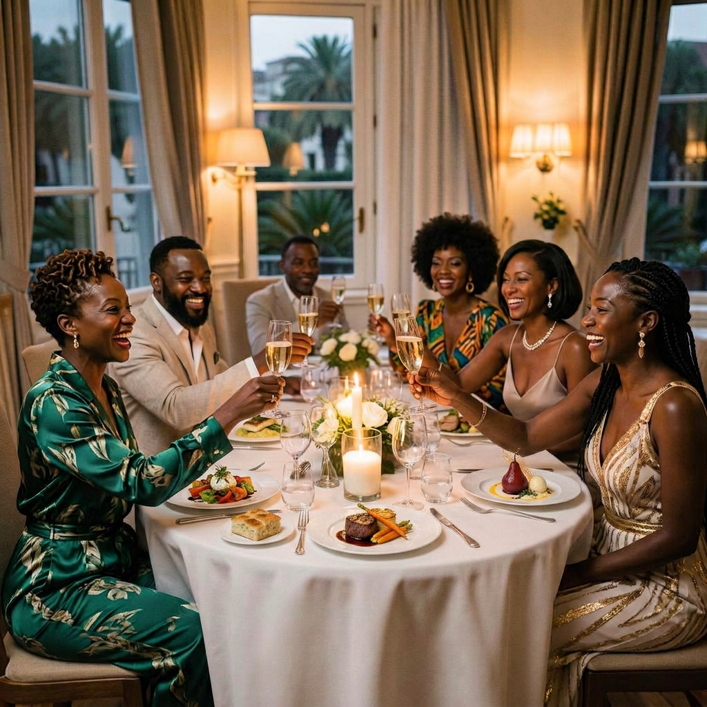 A group of mostly stylish Black women, with a couple of men, raising a champagne toast at an elegant welcome dinner in Nice