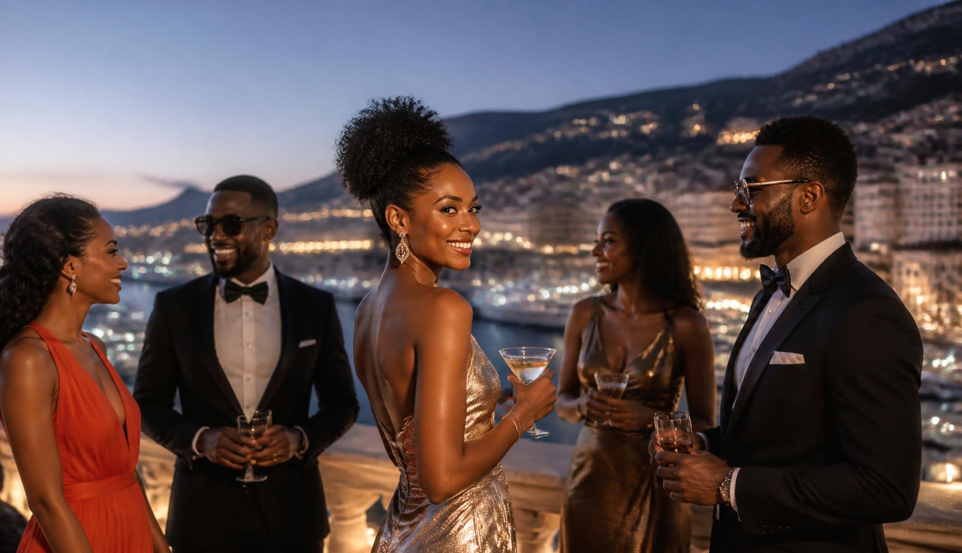 Elegantly dressed travelers in evening wear on a terrace overlooking the lights of Monte Carlo at dusk