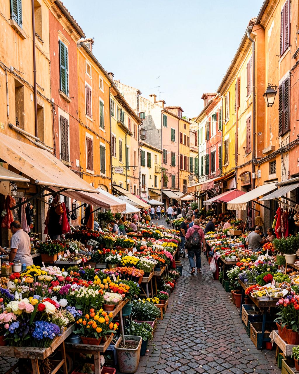 Colorful Old Town street and flower market in Nice, France