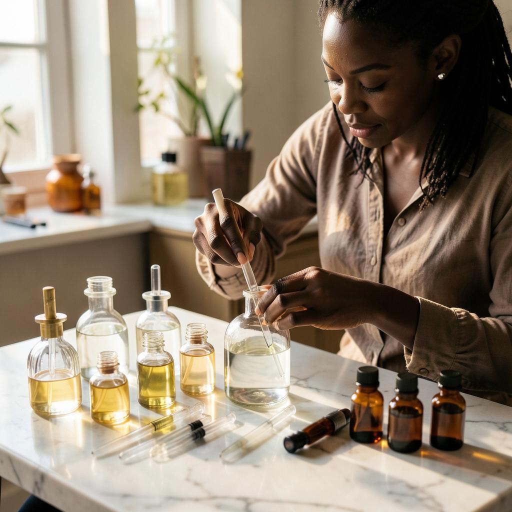 Hands blending a custom fragrance at a French perfumery workshop