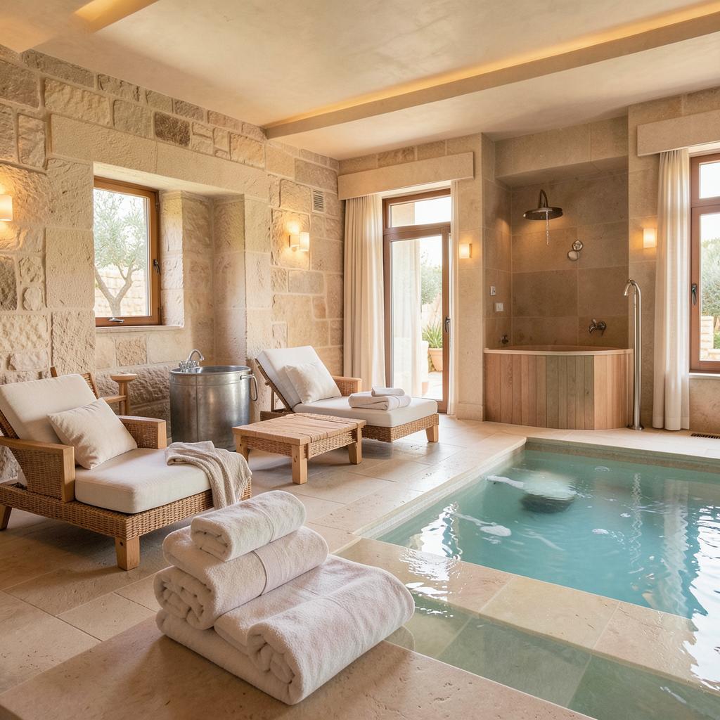 Serene luxury spa with heated pool, stone walls and folded towels
